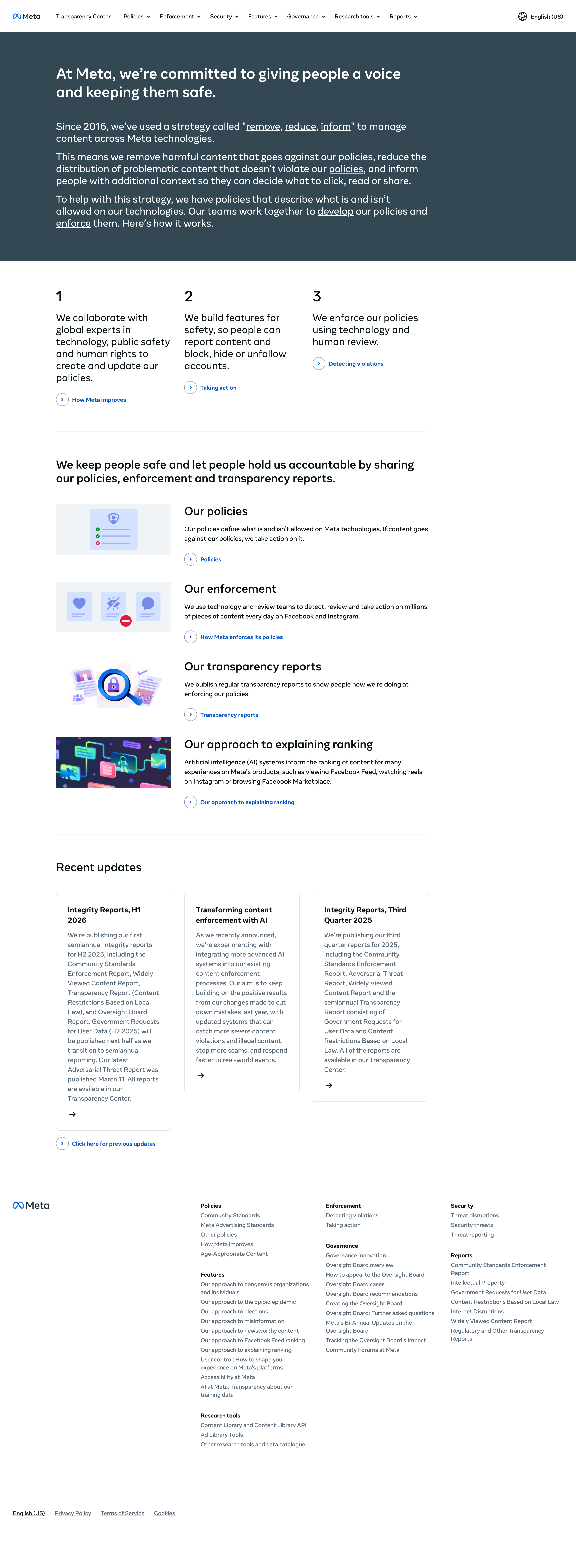 Full-page screenshot of Meta Transparency Center